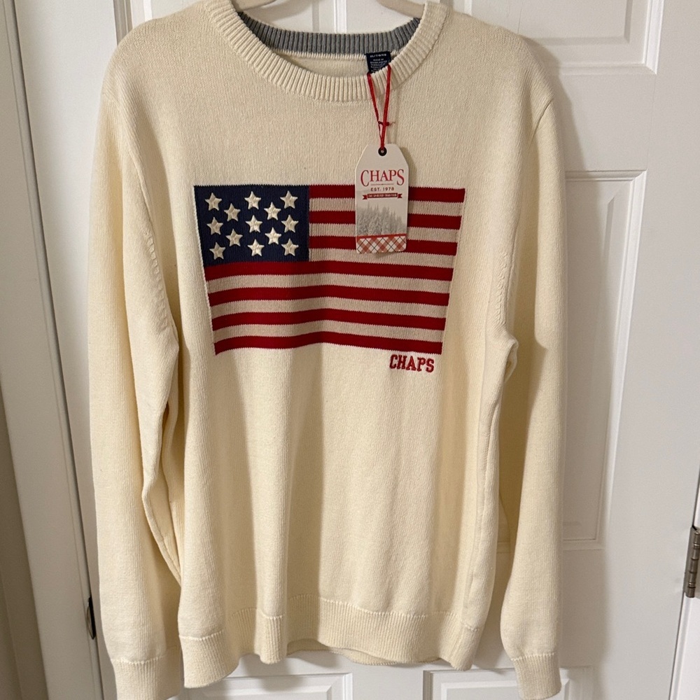 Chaps Men’s Ivory Sweater with Flag Design 100% cotton NEW - Picture 4 of 8